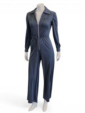 SOLD* Vintage 1970s Black Rhinestone Zip Jumpsuit * Wide Leg Disco Glam * Medium